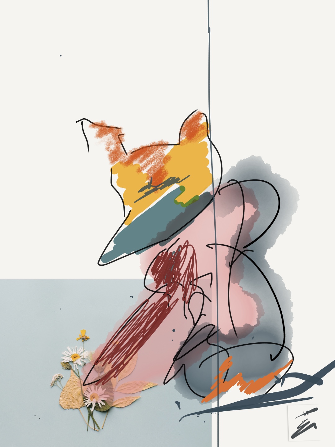 An abstract seated creature drawn with coloured marks beside pressed flowers.