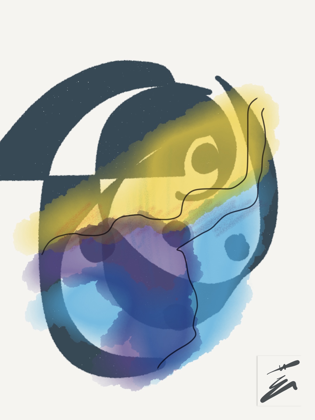 Blue, yellow and violet forms crossed by a continuous face-like line.
