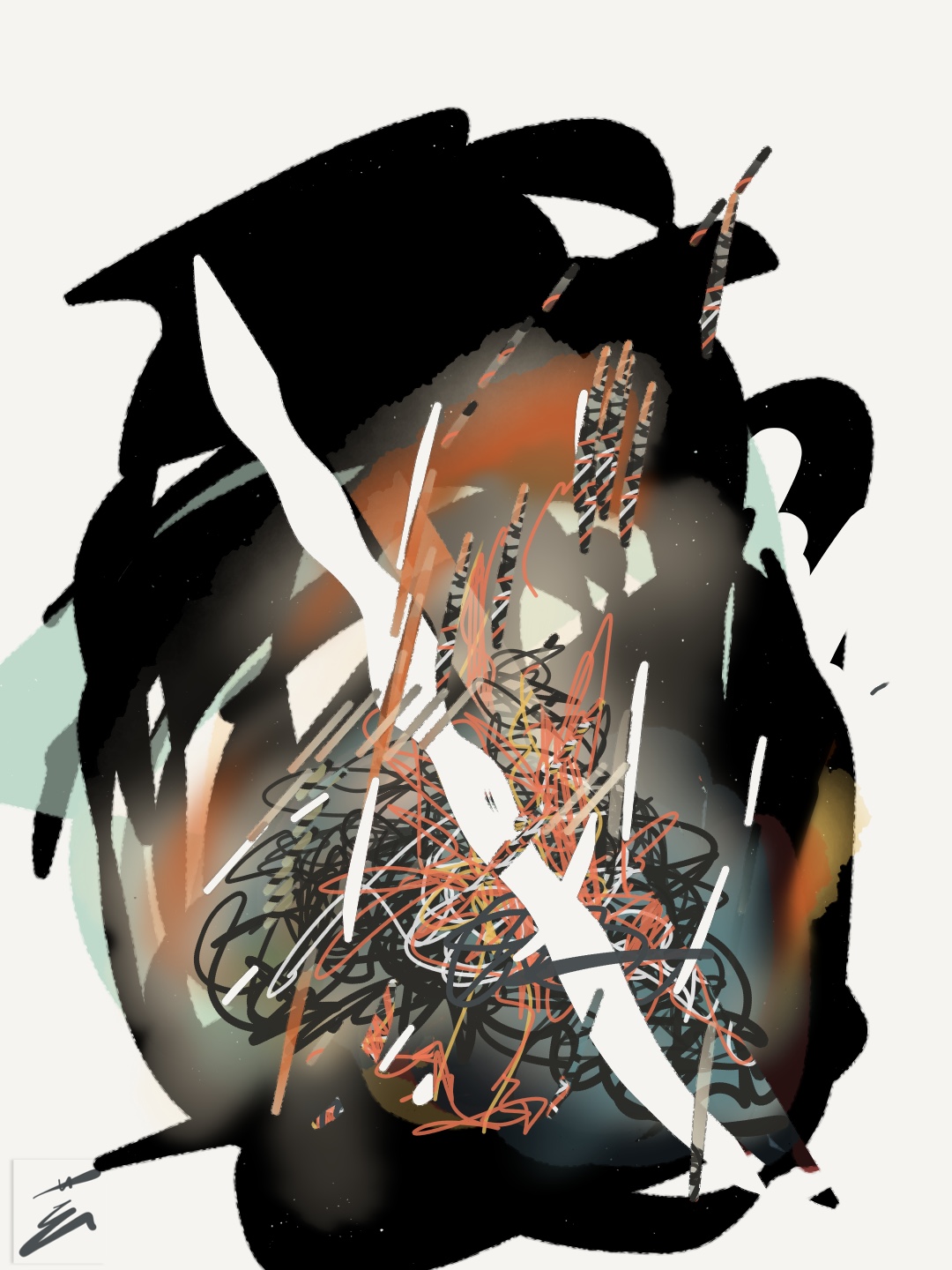 Dense overlapping gestures in black, coral, mint and white.