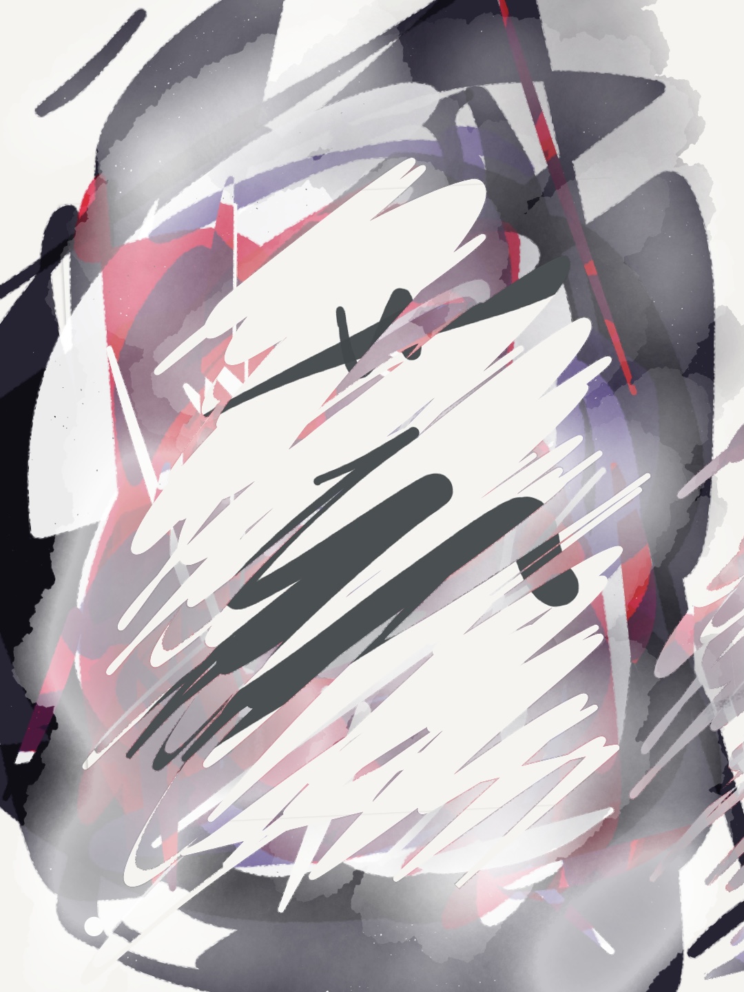 An abstract interpretation of the Chinese name Yun in layered charcoal, pink, white and coral gestures.