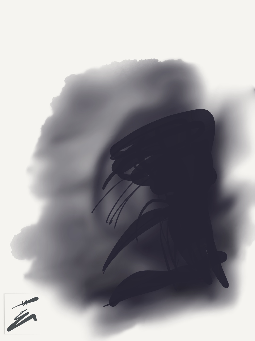 A dark gestural figure emerging through layered grey washes.