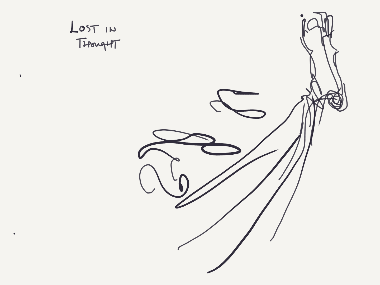 A line drawing titled Lost in Thought, with an abstract face and reaching figure.